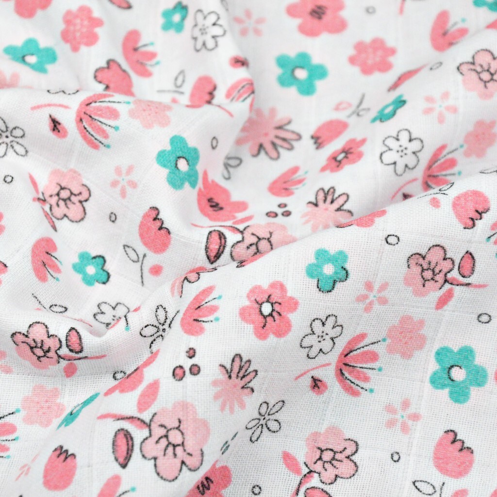 Double gaze cotton pink and mint flowers on white background