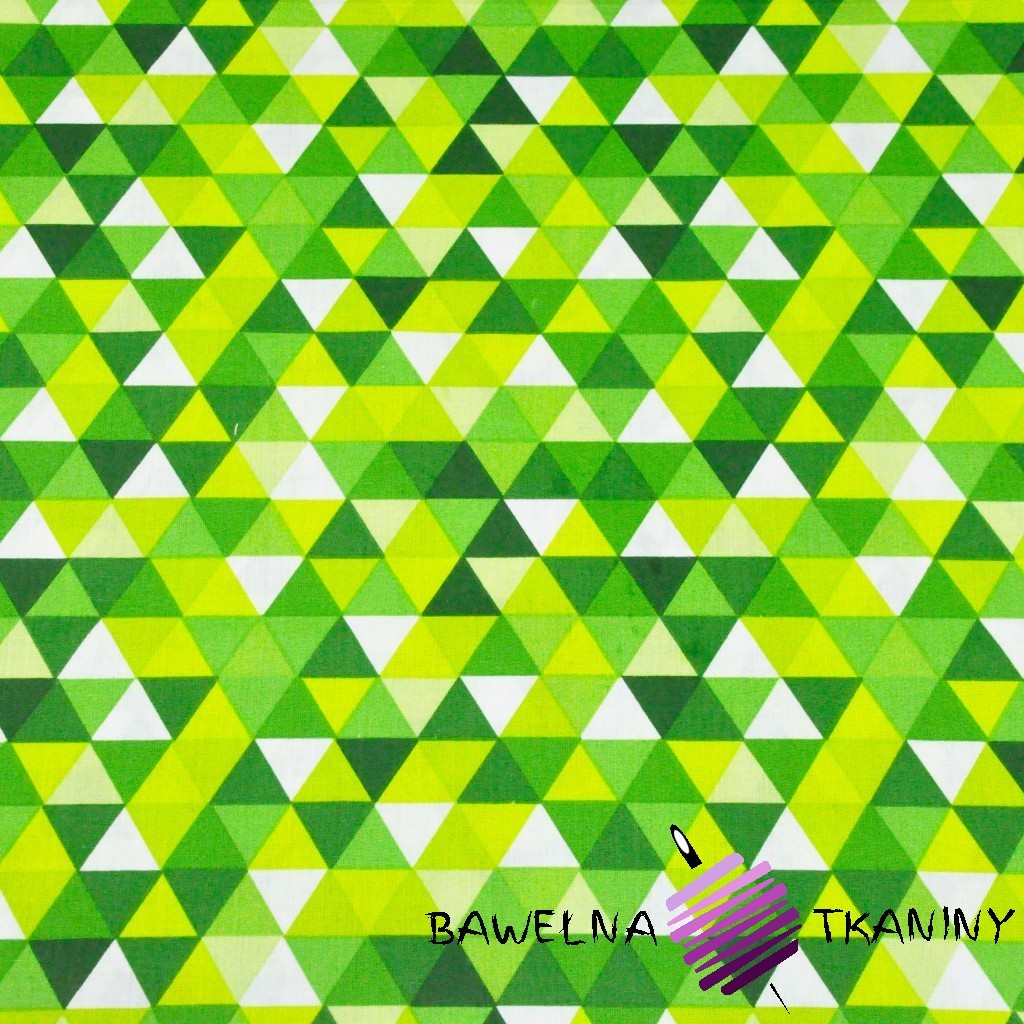 Bawełna trójkąty małe kolorowe zielono limonkowe na białym tle