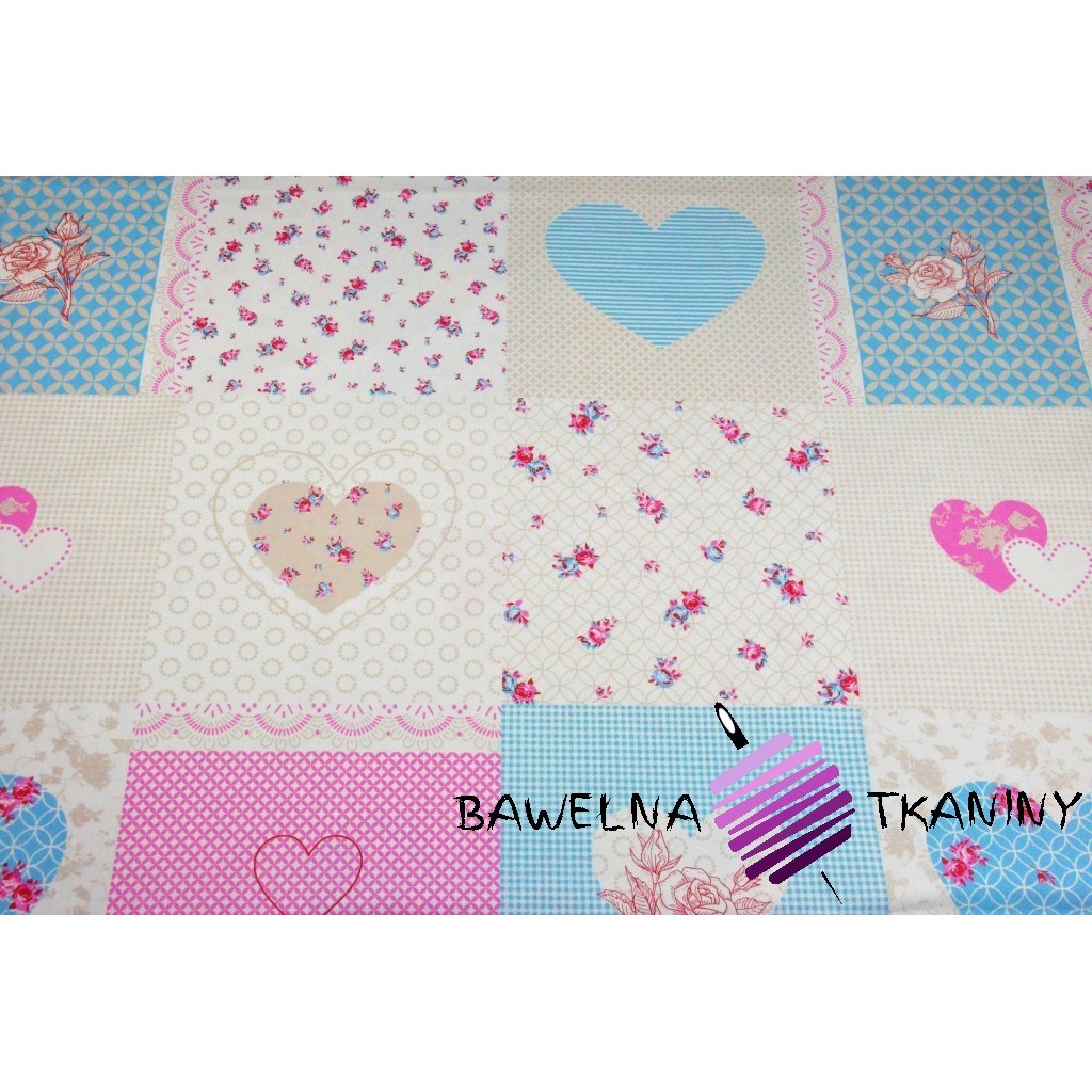Cotton pink & blue hearts & flowers patchwork