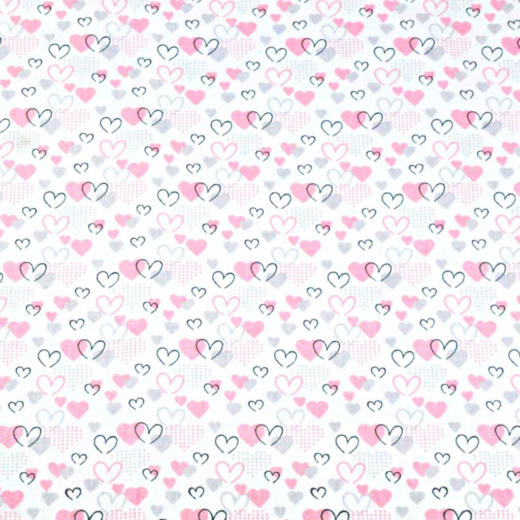 Cotton MINI pink & gray hearts on white background