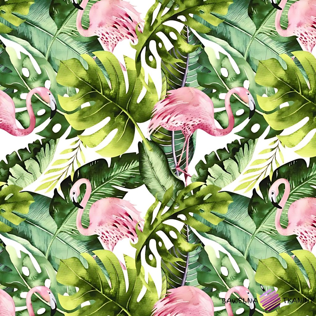 Cotton flamingos in the monstera leaves