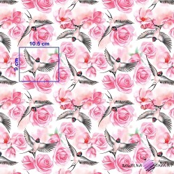 Cotton swallows in roses on a white background