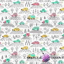 Colorful cotton cars on a hill on white background