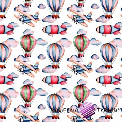 Cotton balloons and airplanes on a white background