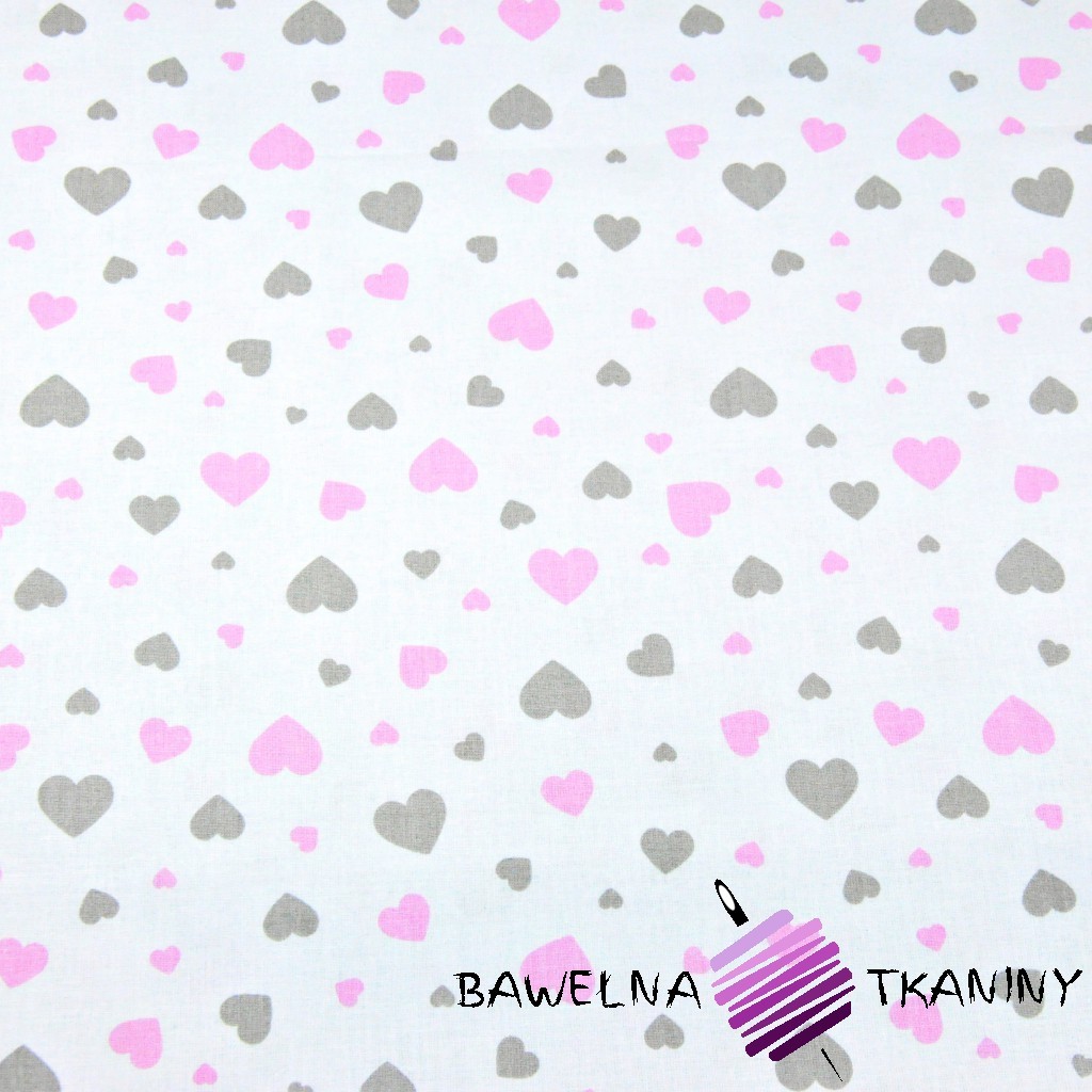 Bawełna serduszka różowo szare na białym tle