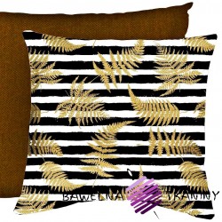 waterproof fabric with golden fern leaves on white and black stripes background