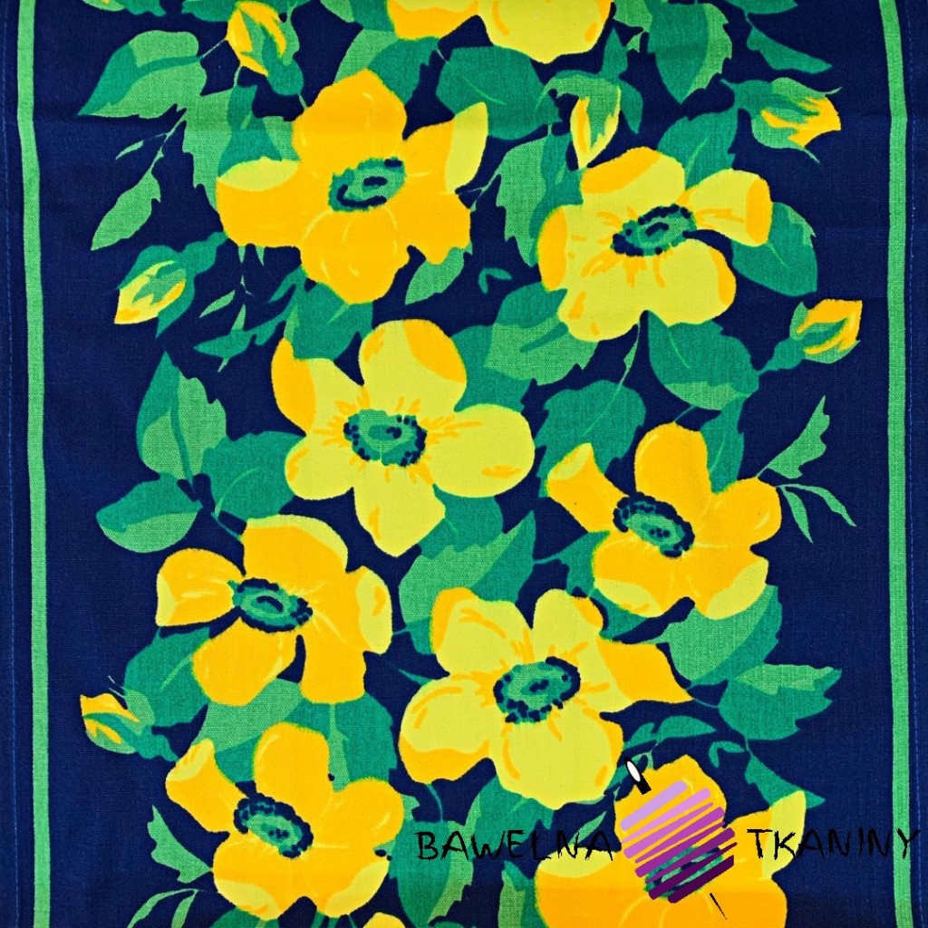 Tkanina leżakowa kwiatki żółte na granatowym tle