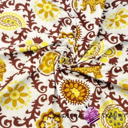 Cotton brown indinan flowers with elephants