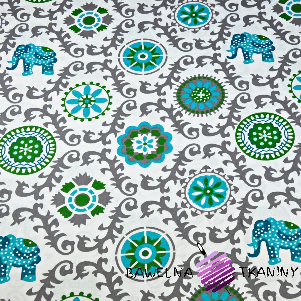 Cotton gray indinan flowers with elephants