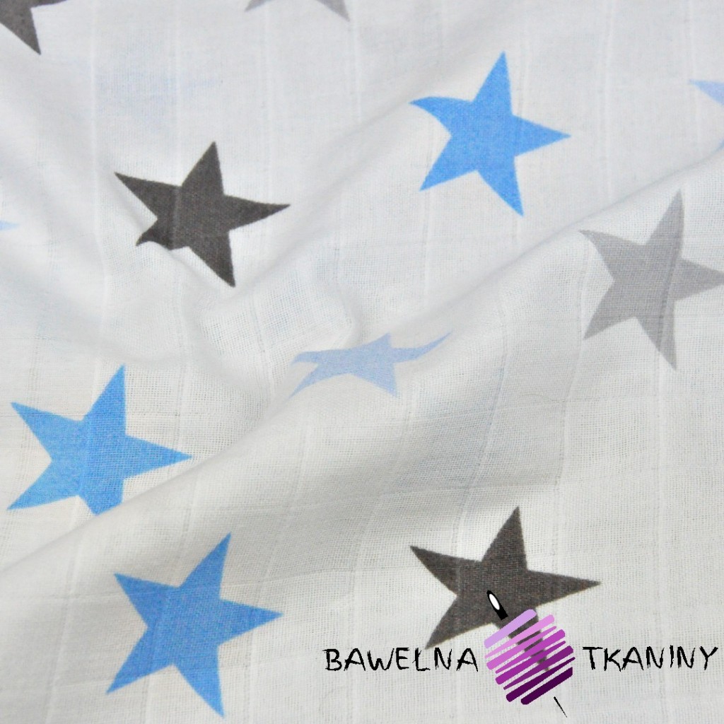 Double gaze cotton blue and gray stars on white background