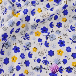 Double gaze cotton navy and yellow flowers on white background