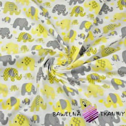 Bawełna Słonie indyjskie szaro żółte na białym tle