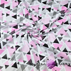 Bawełna trójkąty w kropki różowo szare na białym tle