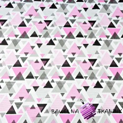 Bawełna trójkąty w kropki różowo szare na białym tle