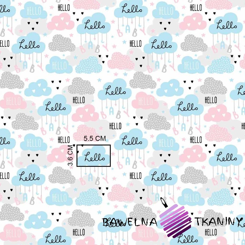 Cotton clouds hello blue-gray-pink on white background