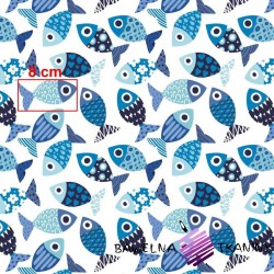 Bawełna rybki wzorzyste niebieskie na białym tle