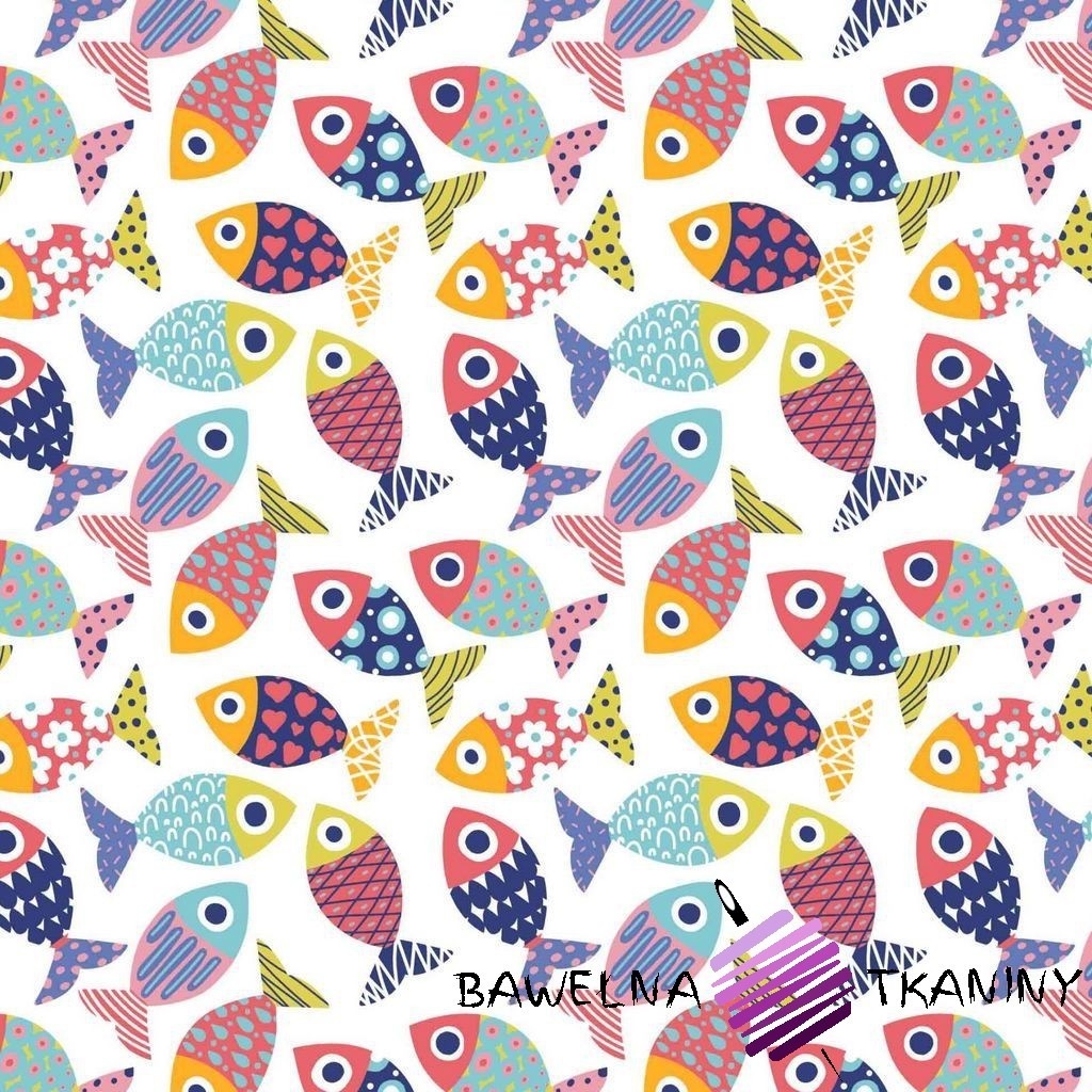 Cotton fishes patterned colorfull on white background
