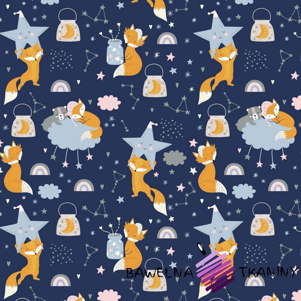 Cotton sleeping foxes with stars on navy blue background