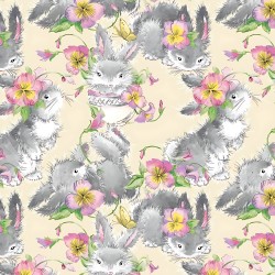 Bawełna króliki szare z kwiatkami na beżowym tle