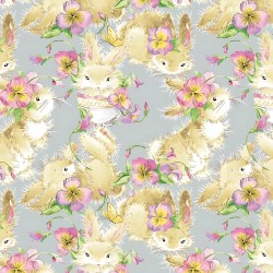 Bawełna króliki beżowe z kwiatkami na szarym tle