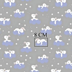 Cotton white rabbits on clouds on navy gray background