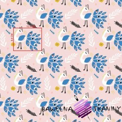 Cotton peacocks with blue on pink background