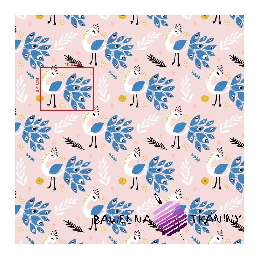 Cotton peacocks with blue on pink background