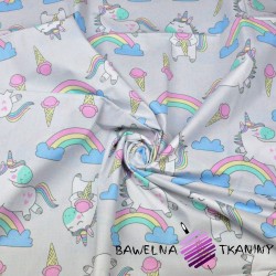 Cotton unicorns with balloons on gray background