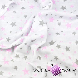 Muślin bawełniany gwiazdki różowo szare na białym tle