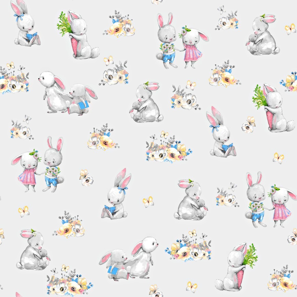 Cotton white rabbits on clouds on navy gray background