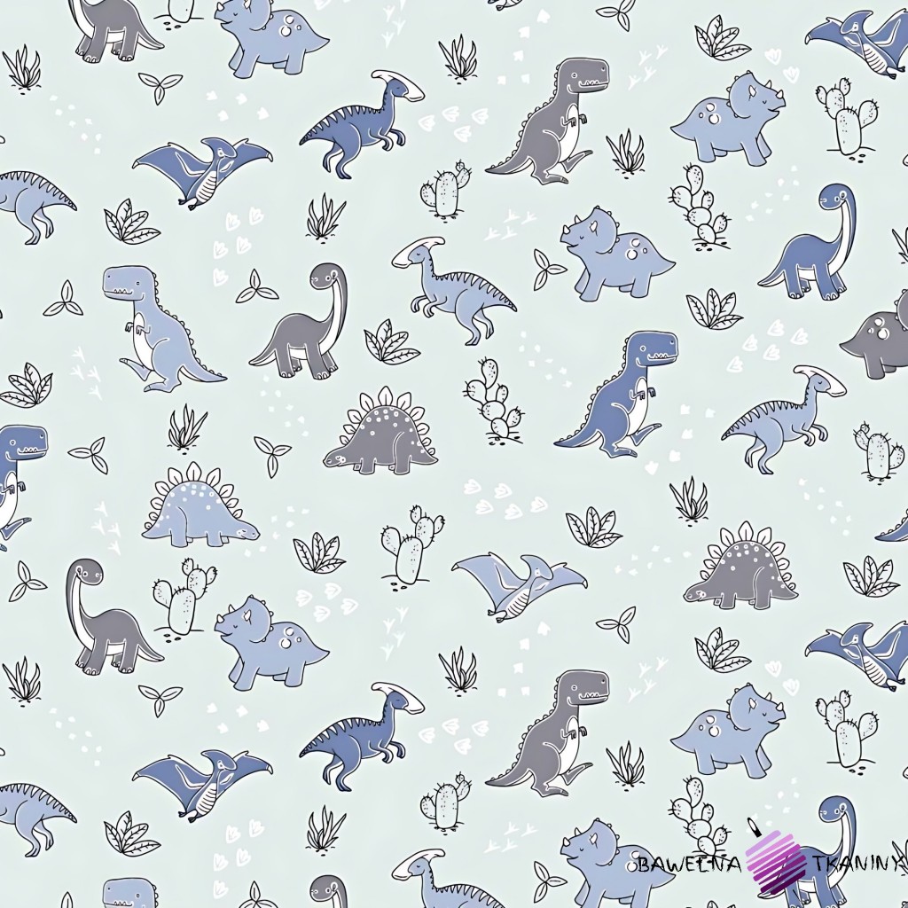 Cotton blue dinosaurs on a light blue background