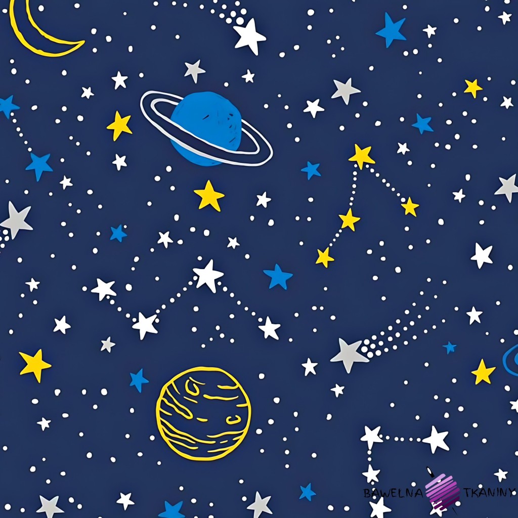 Cotton yellow & blue universe on navy blue background