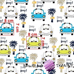 Cotton panda in blue & lime cars on a white background