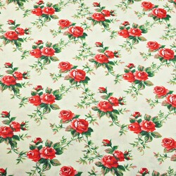 Cotton red roses on ecru background