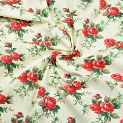 Cotton red roses on ecru background