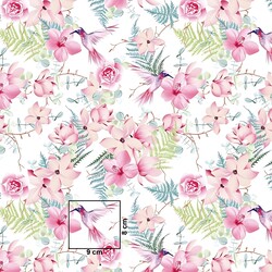 Cotton pink flowers with colibers on white background 220cm