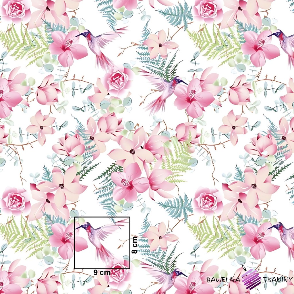 Cotton pink flowers with colibers on white background 220cm