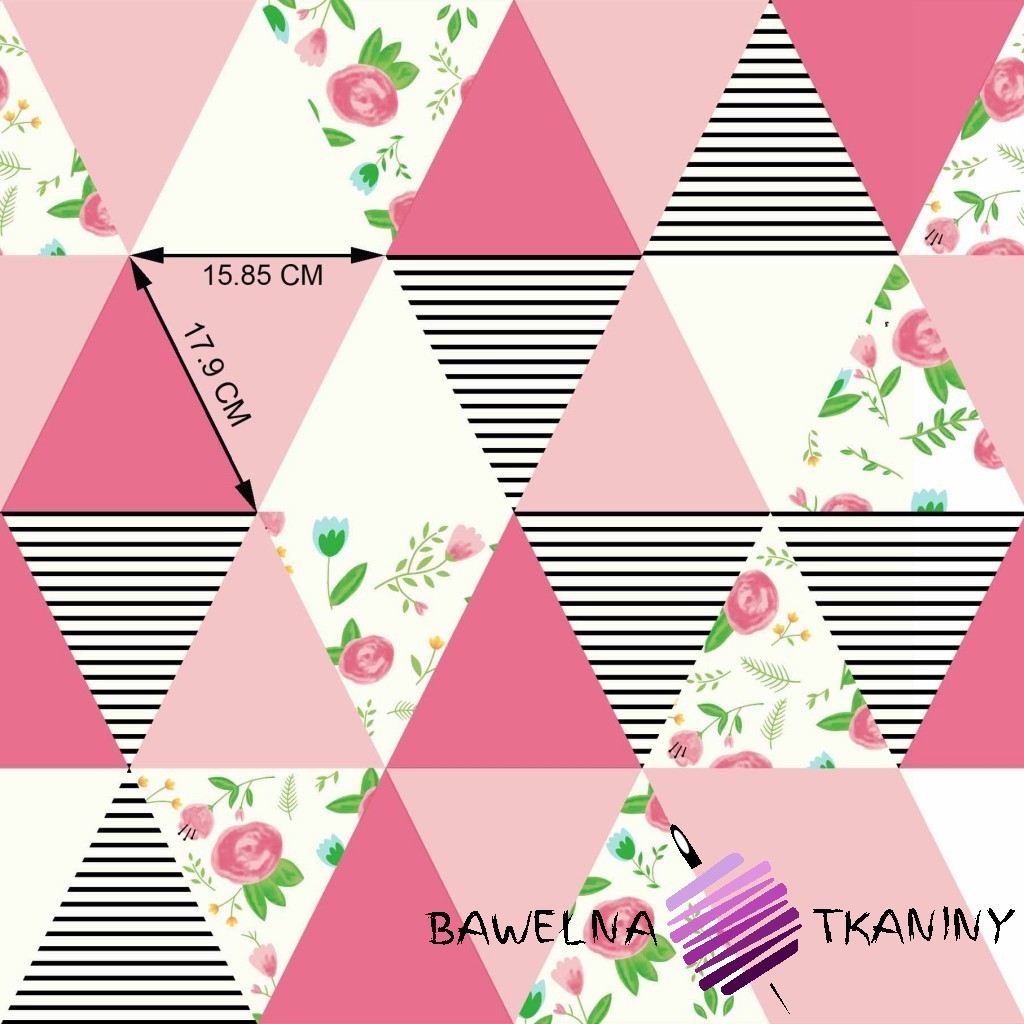 Bawełna łączka w trójkątach różowych