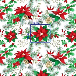 Cotton Christmas pattern red-green poinsettia on a white background