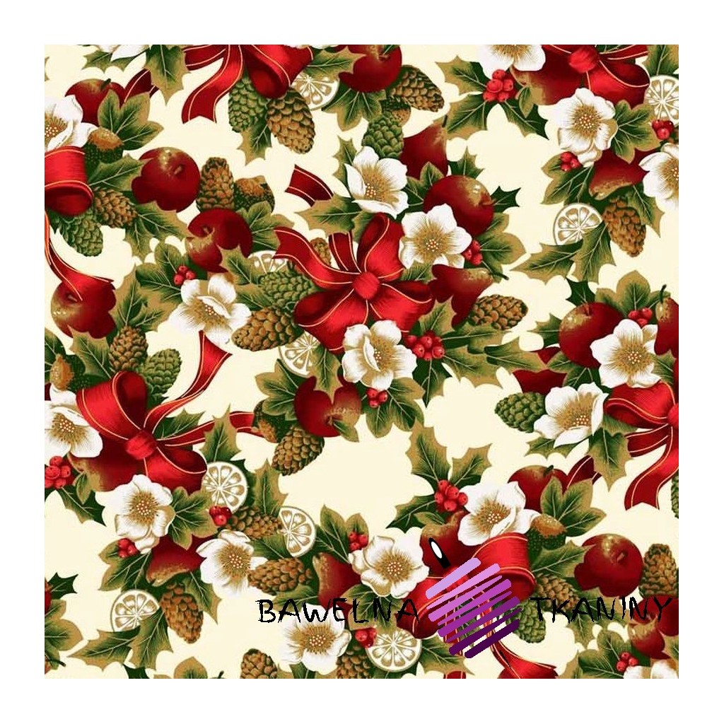 Cotton Christmas pattern red-green poinsettia on a white background