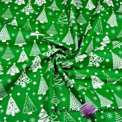 Bawełna Wzór świąteczny choinki z bombkami na zielonym tle