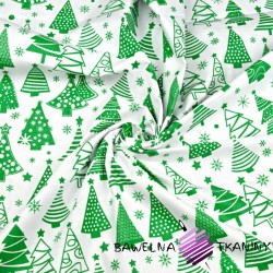 Bawełna Wzór świąteczny choinki z bombkami zielone na białym tle