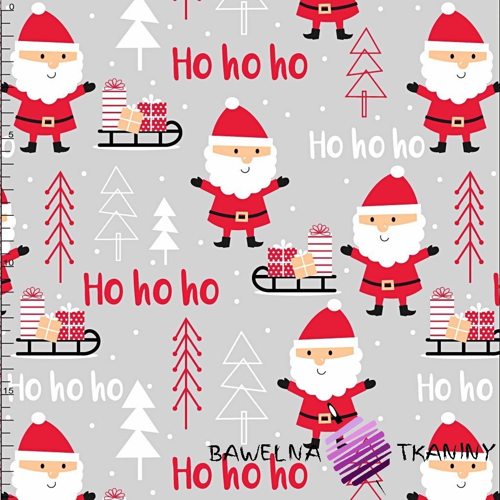 Cotton Christmas pattern Santas on light gray background