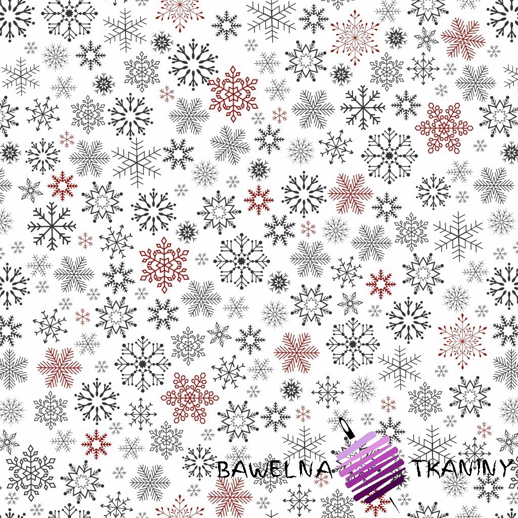 Bawełna wzór świąteczny śnieżynki czerwono grafitowe na białym tle