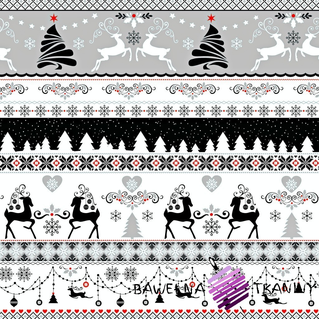 Cotton Christmas pattern black-gray deer on a white background