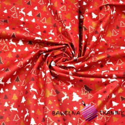 Bawełna wzór świąteczny MINI renifery i choinki na czerwonym tle