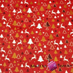 Bawełna wzór świąteczny MINI renifery i choinki na czerwonym tle