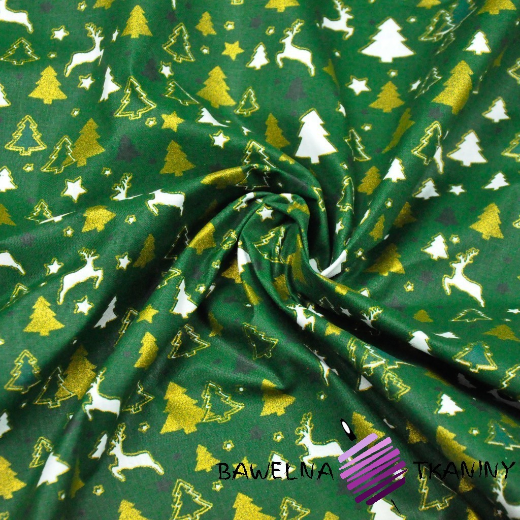 Bawełna wzór świąteczny MINI renifery i choinki na zielonym tle