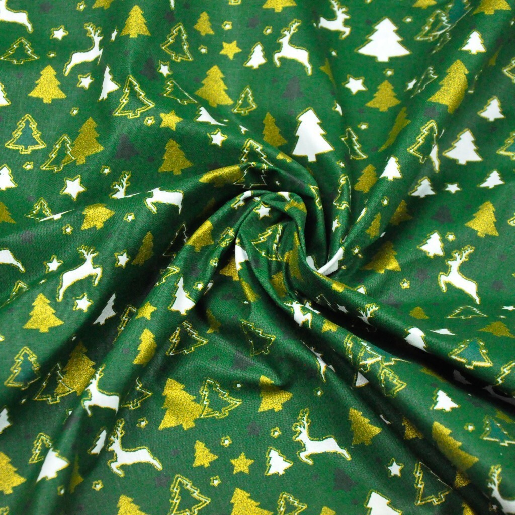 Cotton Christmas pattern MINI reindeer and Christmas trees on a green background