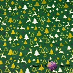 Bawełna wzór świąteczny MINI renifery i choinki na zielonym tle